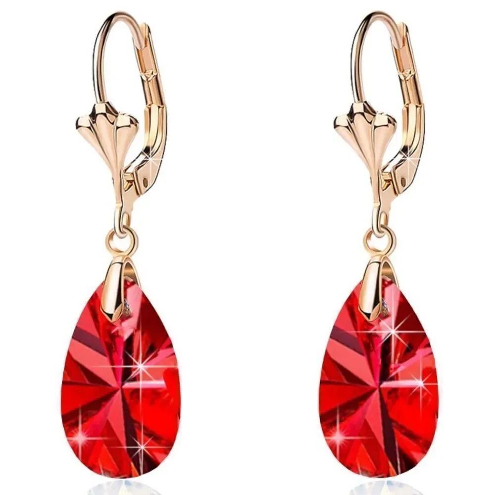 14K Yellow Gold with Ruby Red Austrian Crystal Teardrop Leverback Drop Earrings